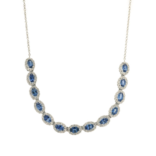 14k White Gold Oval Sapphire & Diamond Halo Necklace