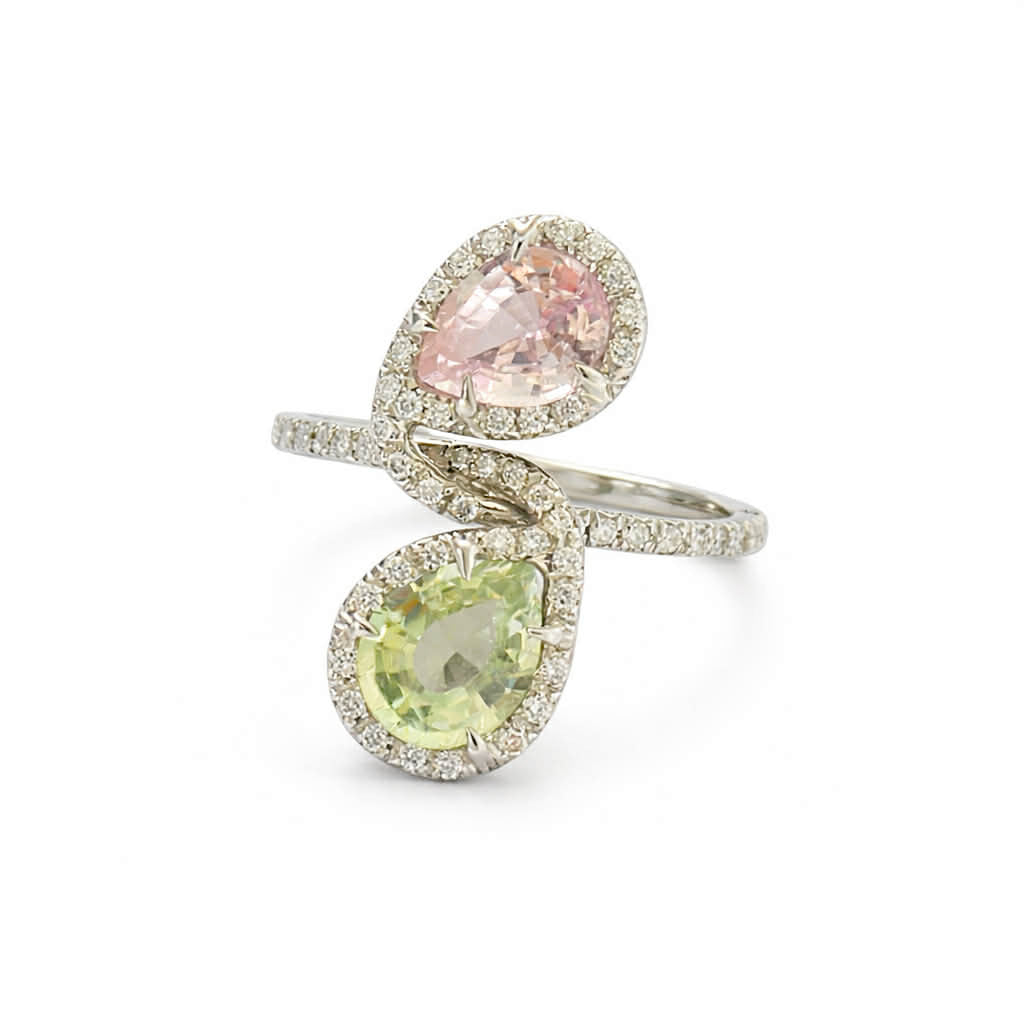 Vintage 18K Pink & Green Sapphire & Diamond Ring