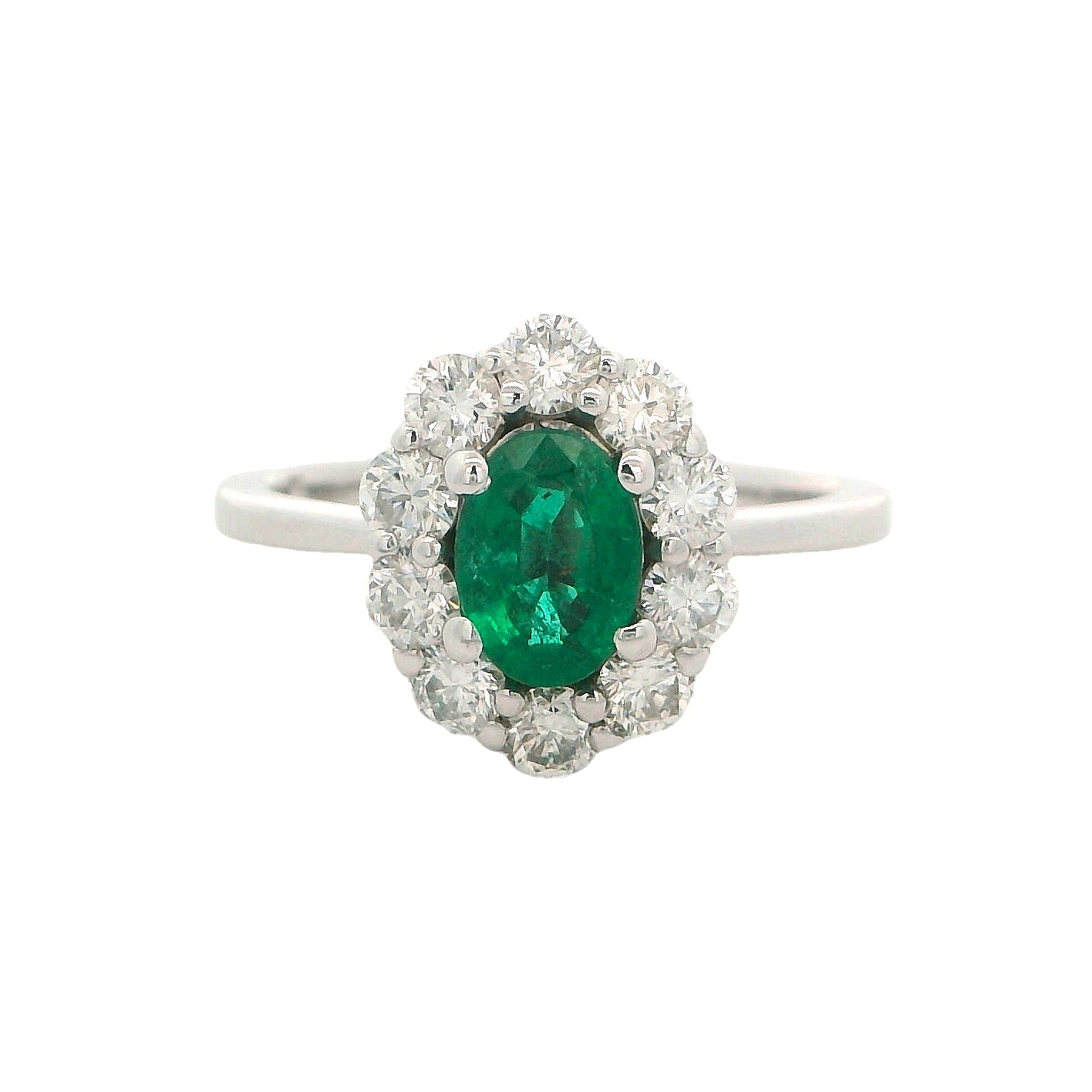 14k White Gold Oval Emerald & Diamond Halo Ring