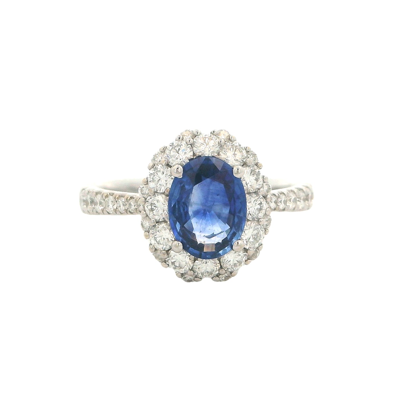 18k White Gold Oval Sapphire & Diamond Halo Ring