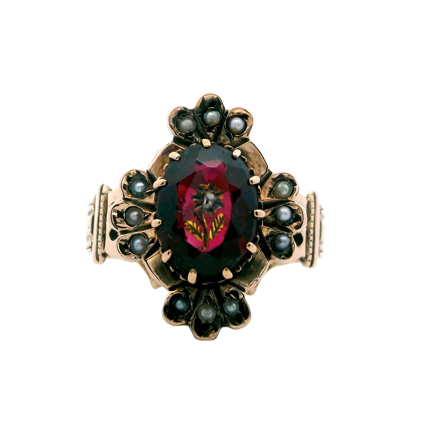 Estate Collection Victorian 12K Oval Garnet Seed Pearl Ring