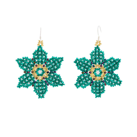 Cristy Cali Green Mardi Gras Flowers Guatemalan Beaded Earrings