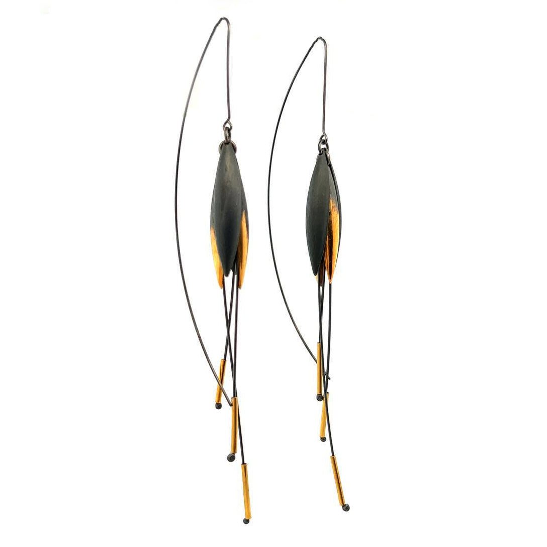 Mysterium Collection Black & Gold Sterling Silver Tulip Petal Earrings (lg)