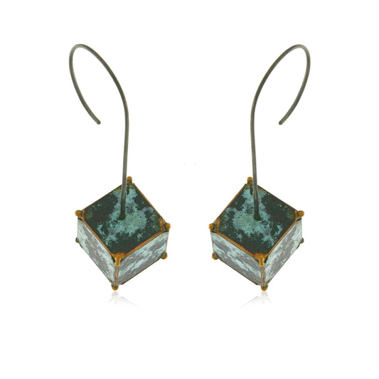 Mysterium Collection Bronze Blue Patinated Cube Earrings