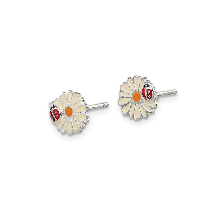 Sterling Silver Petite Enameled Ladybug & Daisy Earrings