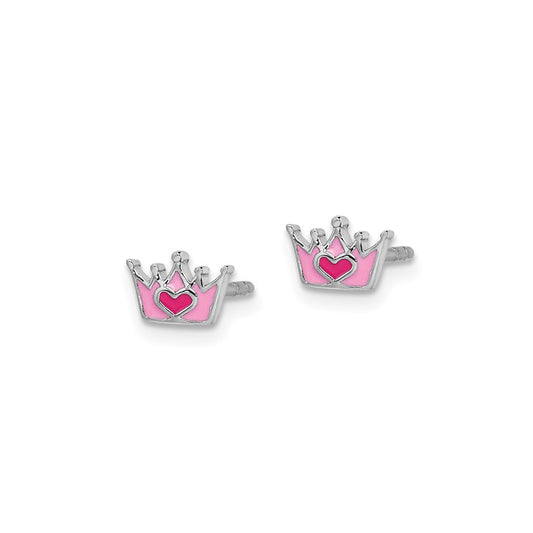 Sterling Silver Petite Pink Enameled Crown Earrings