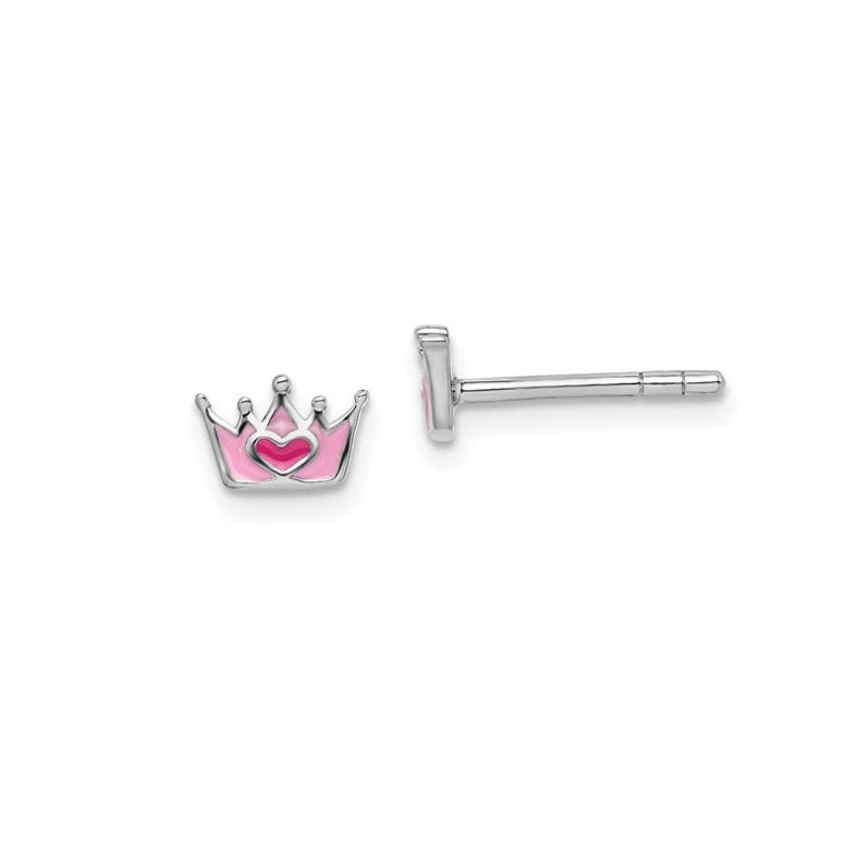 Sterling Silver Petite Pink Enameled Crown Earrings