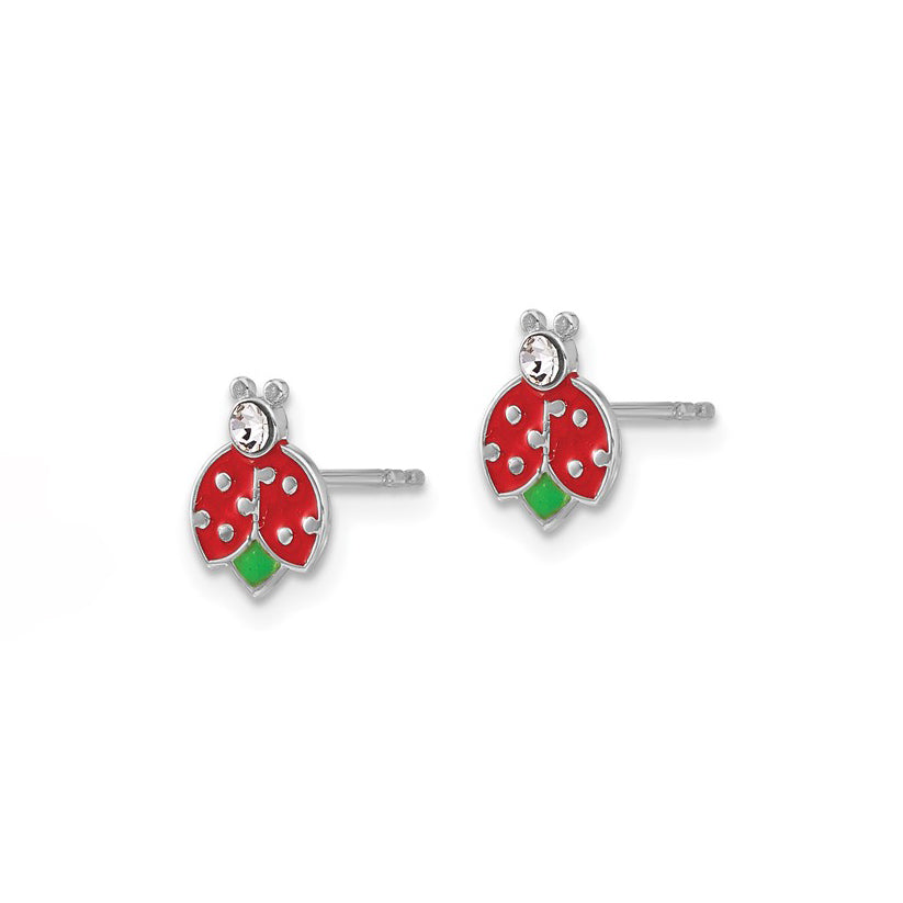 Sterling Silver Petite Enameled Ladybug & Crystal Earrings