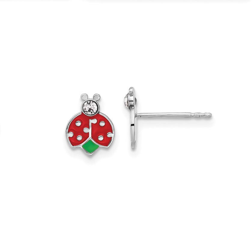 Sterling Silver Petite Enameled Ladybug & Crystal Earrings