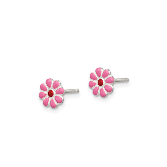 Sterling Silver Petite Pink Enameled Flower Earrings