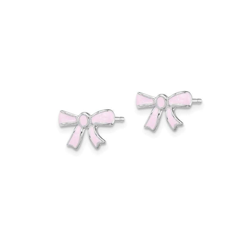 Sterling Silver Petite Pink Enameled Bow Earrings