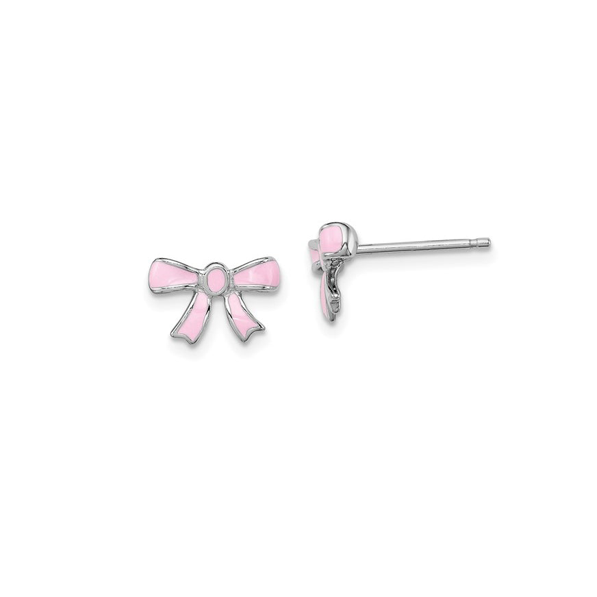 Sterling Silver Petite Pink Enameled Bow Earrings