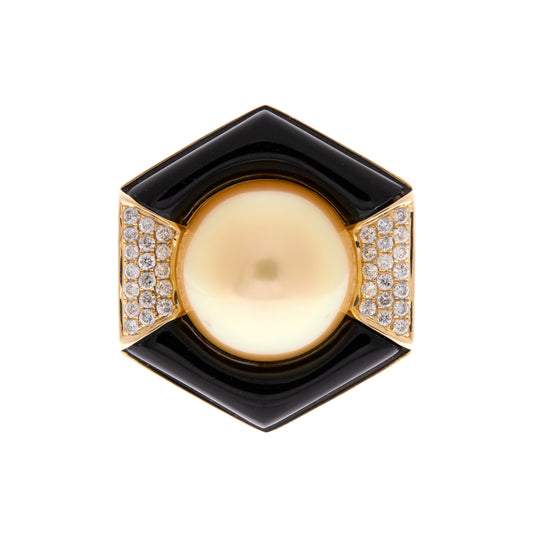 14K Yellow Gold South Sea Pearl, Onyx & Diamond Ring
