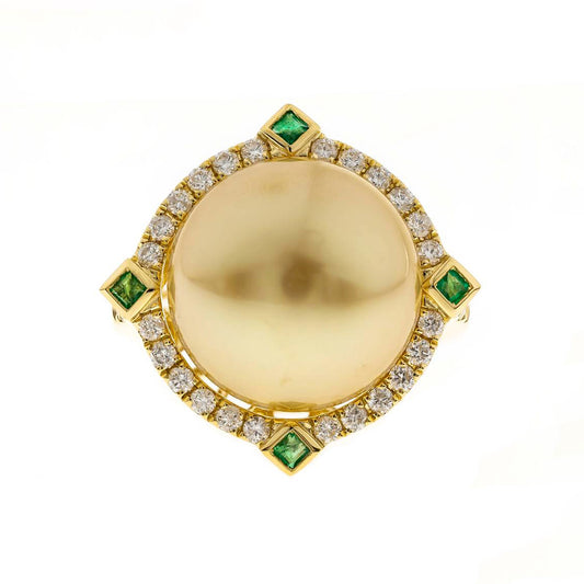 14KYellow Gold South Sea Pearl, Emerald & Diamond Ring