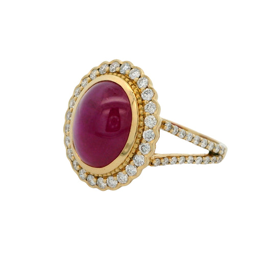 14K Yellow Gold Cabochon Ruby & Diamond Ring