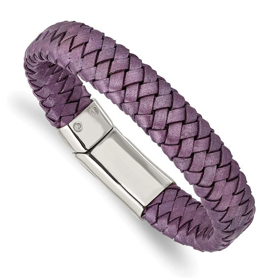 Stainless Steel Polished Metallic Purple Braided Leather Bracelet