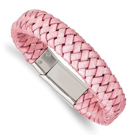 Stainless Steel Polished Metallic Pink Braided Leather Bracelet