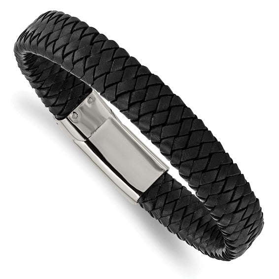 Stainless Steel Polished Black Braided Leather Bracelet