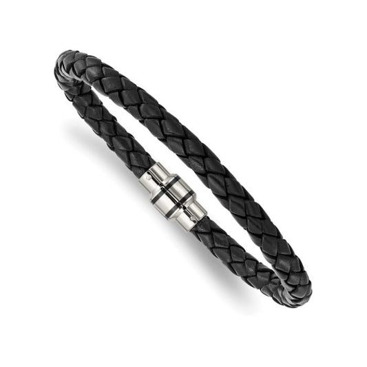 Stainless Steel Polished Black Braided Leather Bracelet