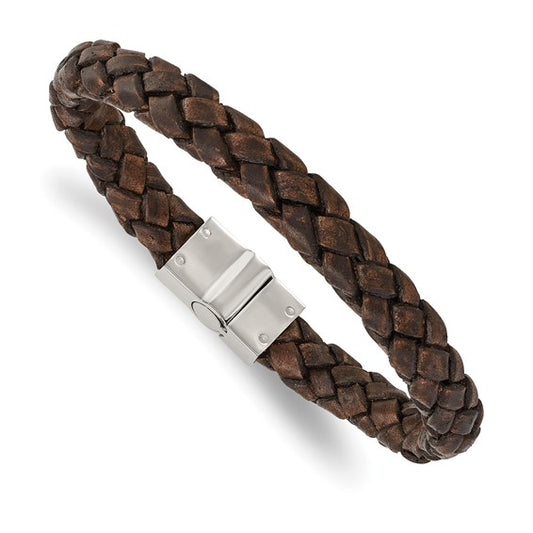Stainless Steel Polished Brown Woven Leather Men's Bracelet