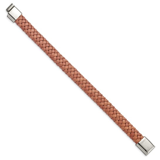 Stainless Steel Polished Light Brown Braided Leather Men's Bracelet