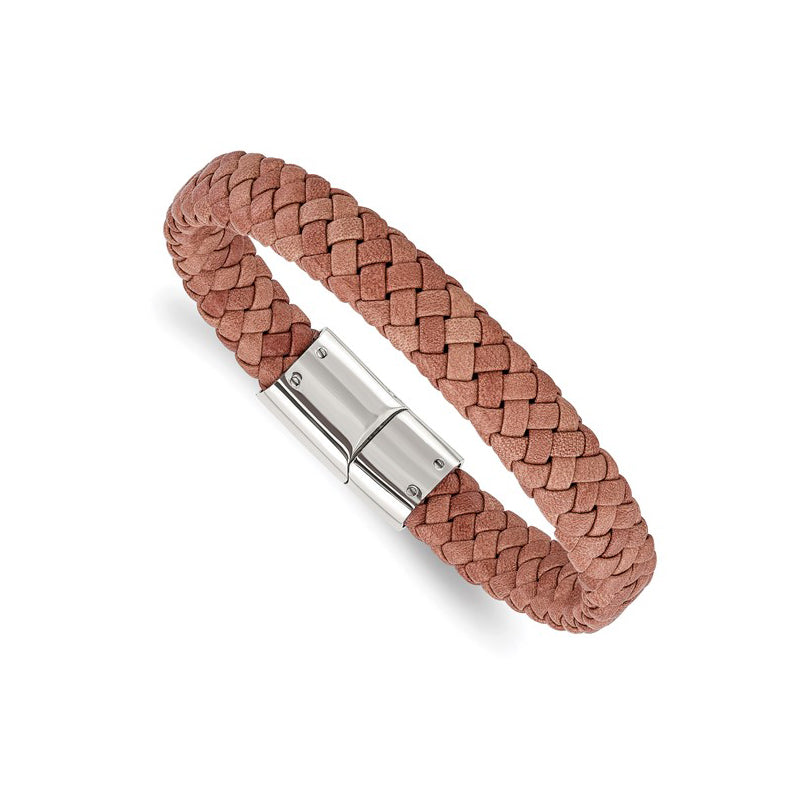 Stainless Steel Polished Light Brown Braided Leather Men's Bracelet