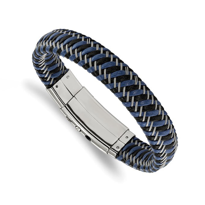 Stainless Steel Polished Black & Blue Braided Leather Men's Bracelet