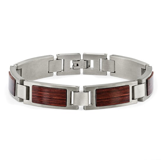 Stainless Steel Men's Link Bracelet with Wood Inlay