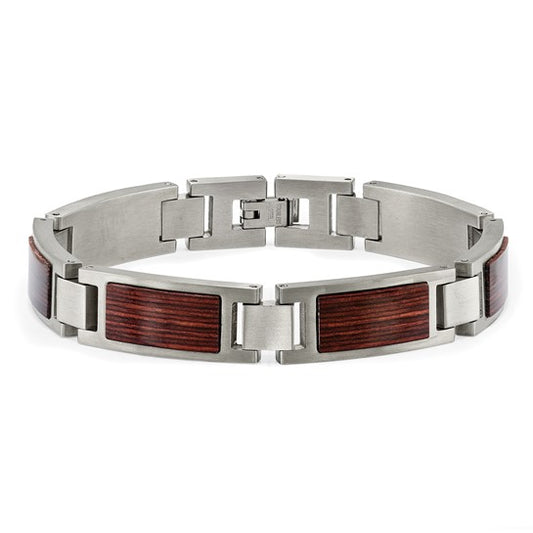 Stainless Steel Men's Link Bracelet with Wood Inlay