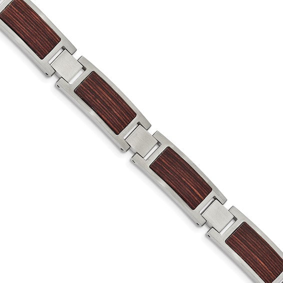 Stainless Steel Men's Link Bracelet with Wood Inlay