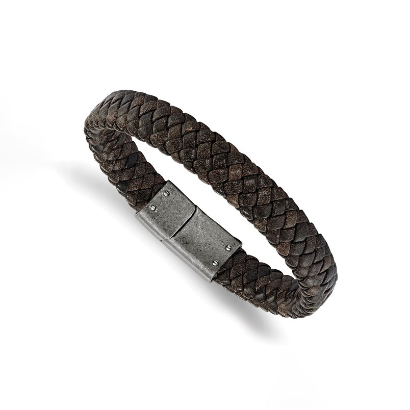 Stainless Steel Antiqued and Brushed Brown Braided Leather Bracelet