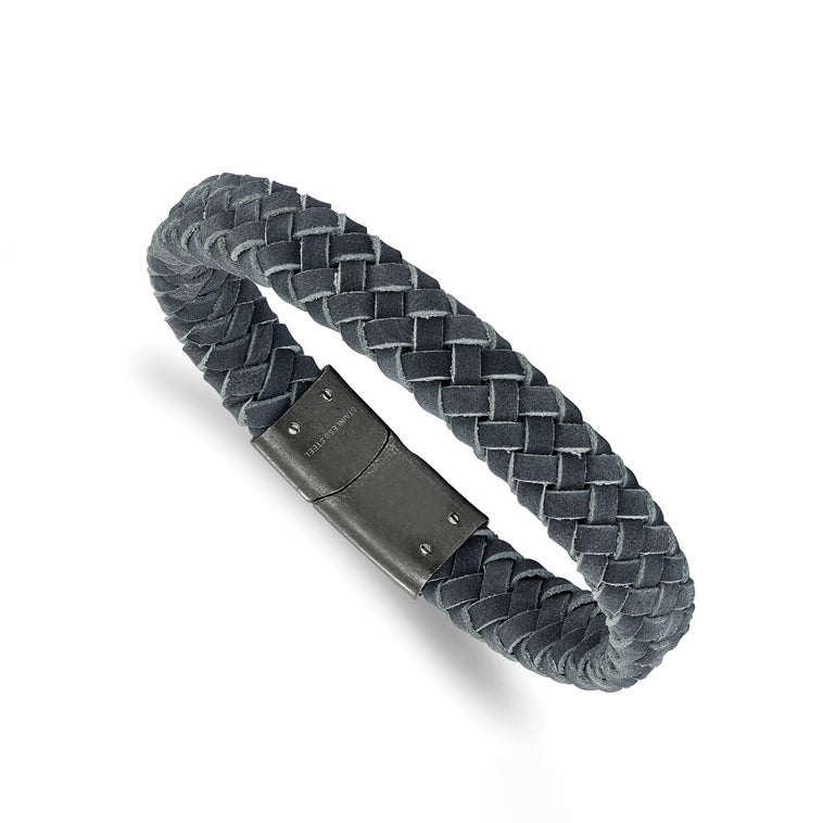 Stainless Steel Antiqued Brushed Gray Braided Leather Bracelet