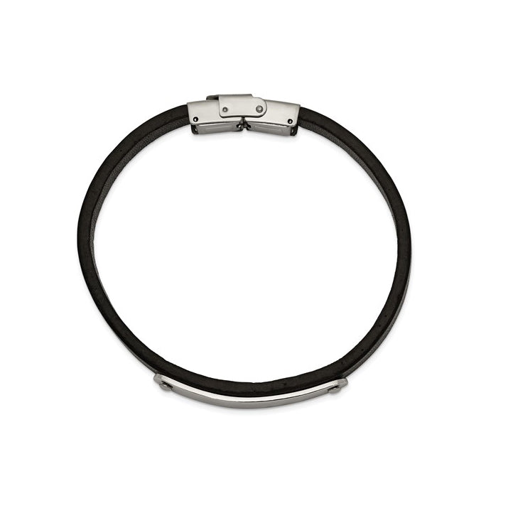 Stainless Steel Polished Black Leather 8.5" Bracelet