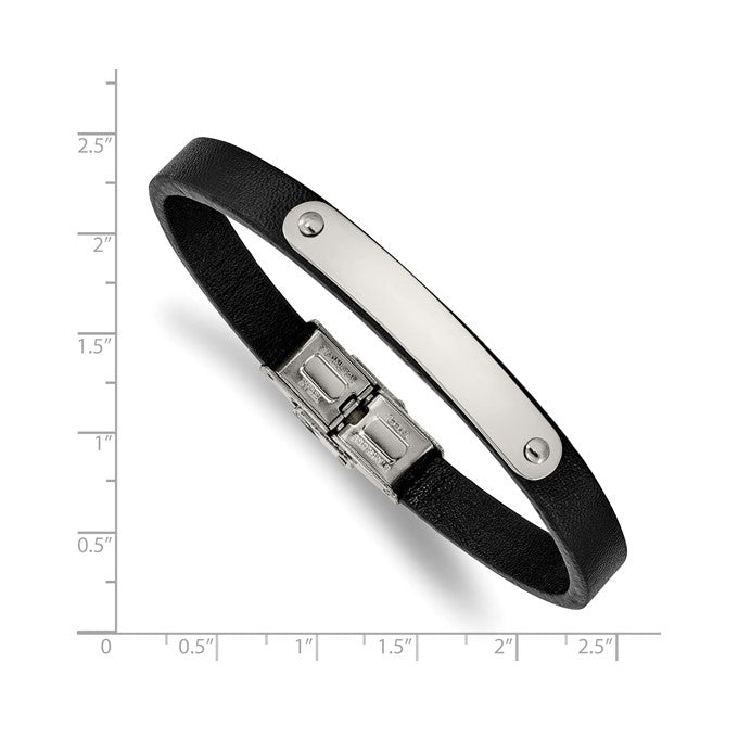 Stainless Steel Polished Black Leather ID Bracelet