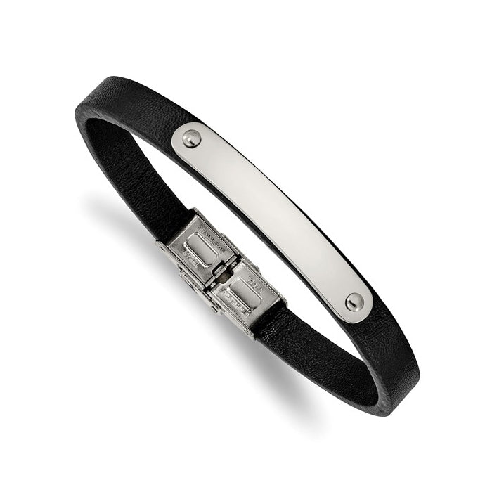 Stainless Steel Polished Black Leather ID Bracelet