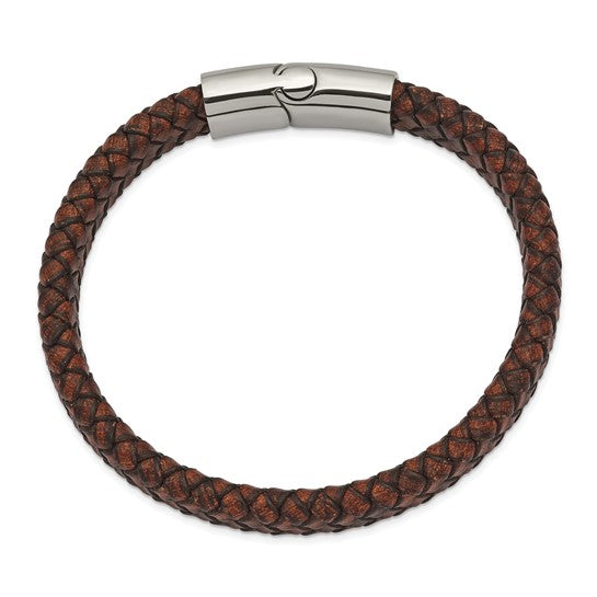 Stainless Steel Polished Brown Woven Leather Men's Bracelet