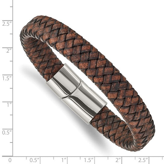 Stainless Steel Polished Brown Woven Leather Men's Bracelet