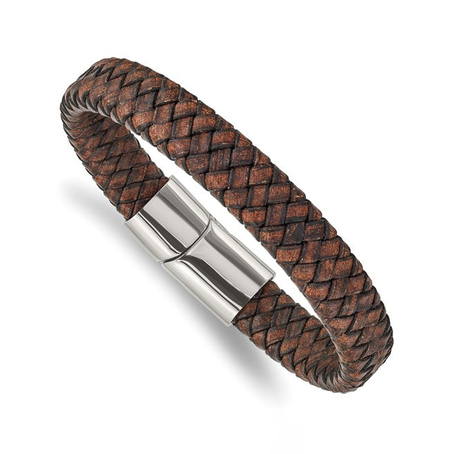 Stainless Steel Polished Brown Woven Leather Men's Bracelet