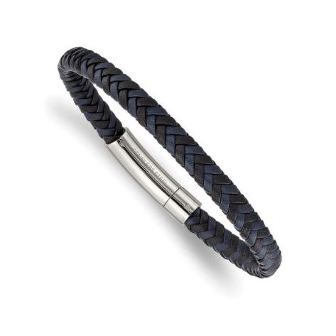 Stainless Steel Polished Black and Blue Braided Leather Men's Bracelet