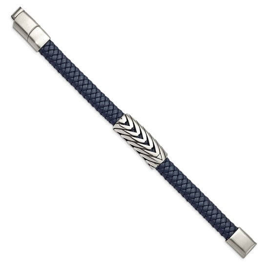 Stainless Steel Antiqued and Polished Blue Braided Leather Bracelet