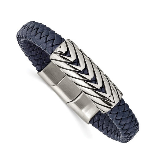 Stainless Steel Antiqued and Polished Blue Braided Leather Bracelet