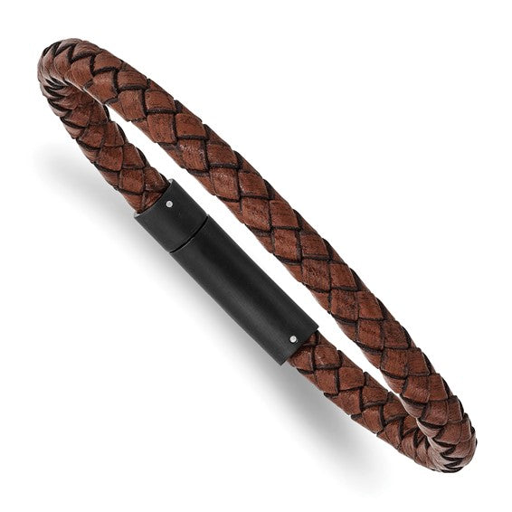 Stainless Steel Polished Brown Woven Leather Bracelet