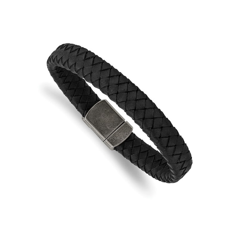 Stainless Steel Antiqued Black Braided Leather Bracelet
