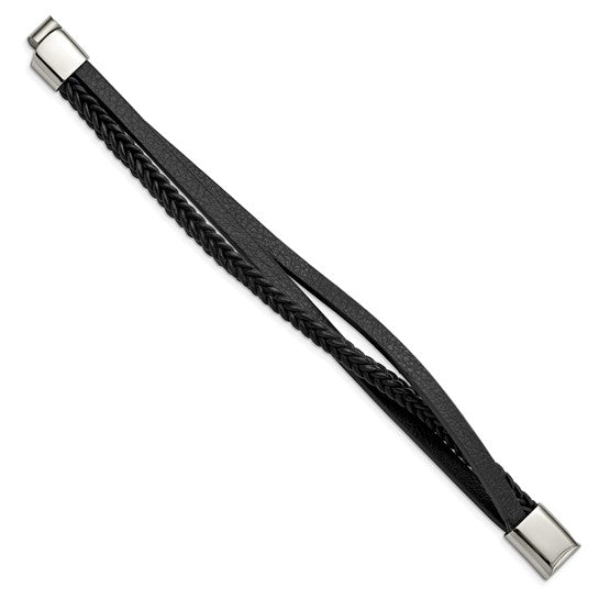 Stainless Steel Polished Multi Strand Black Leather Bracelet