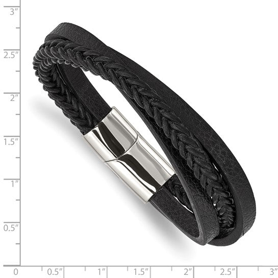 Stainless Steel Polished Multi Strand Black Leather Bracelet