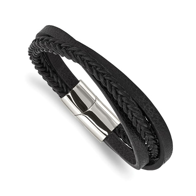 Stainless Steel Polished Multi Strand Black Leather Bracelet