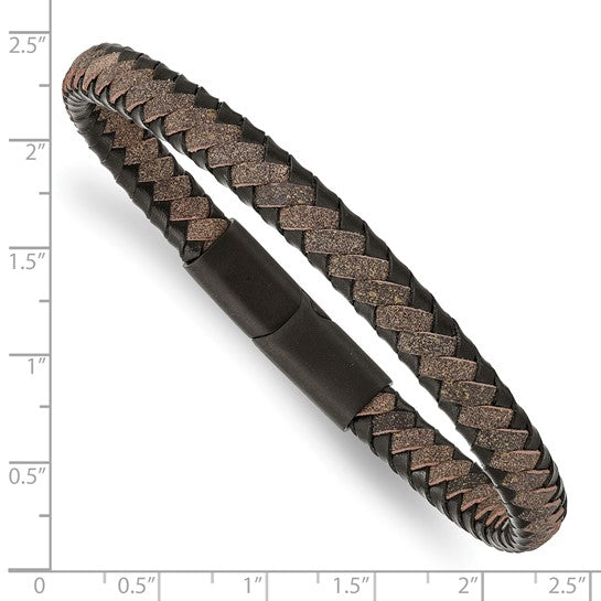 Stainless Steel IP-Plated Black & Brown Braided Leather Men's Bracelet