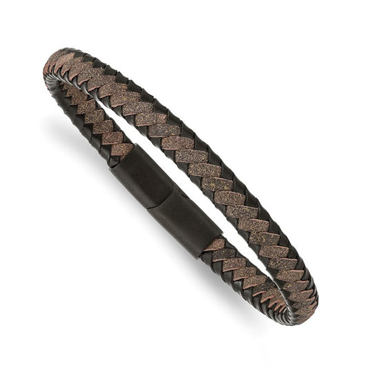 Stainless Steel IP-Plated Black & Brown Braided Leather Men's Bracelet