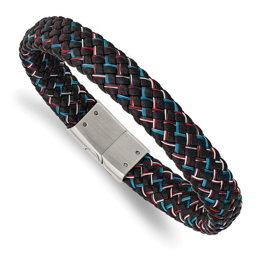 Stainless Steel Polished Multicolor Wire & Black Braided Leather Men's Bracelet