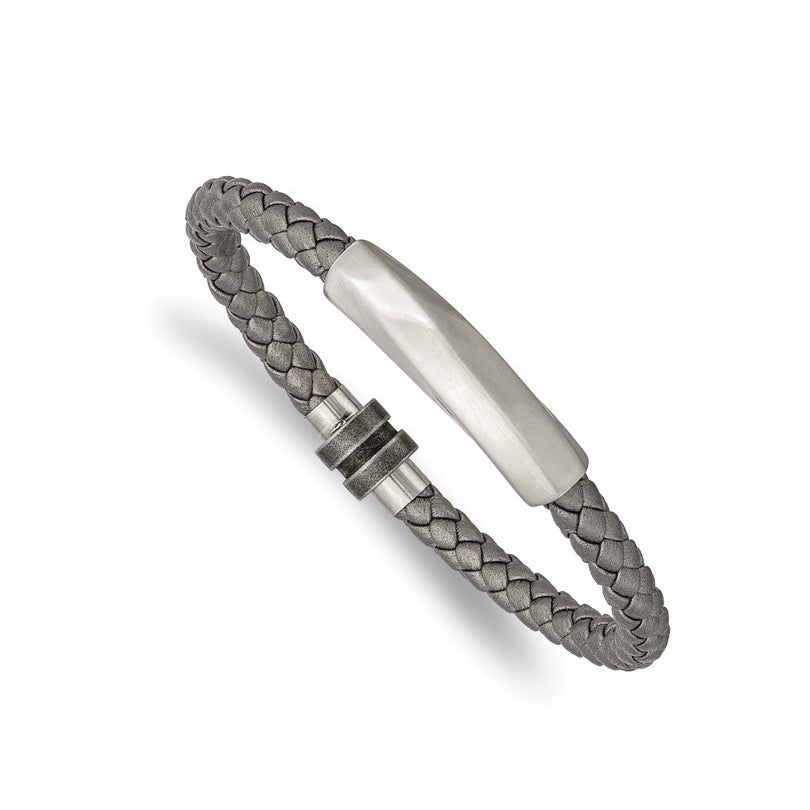 Stainless Steel Antiqued Gray Braided Leather Bracelet